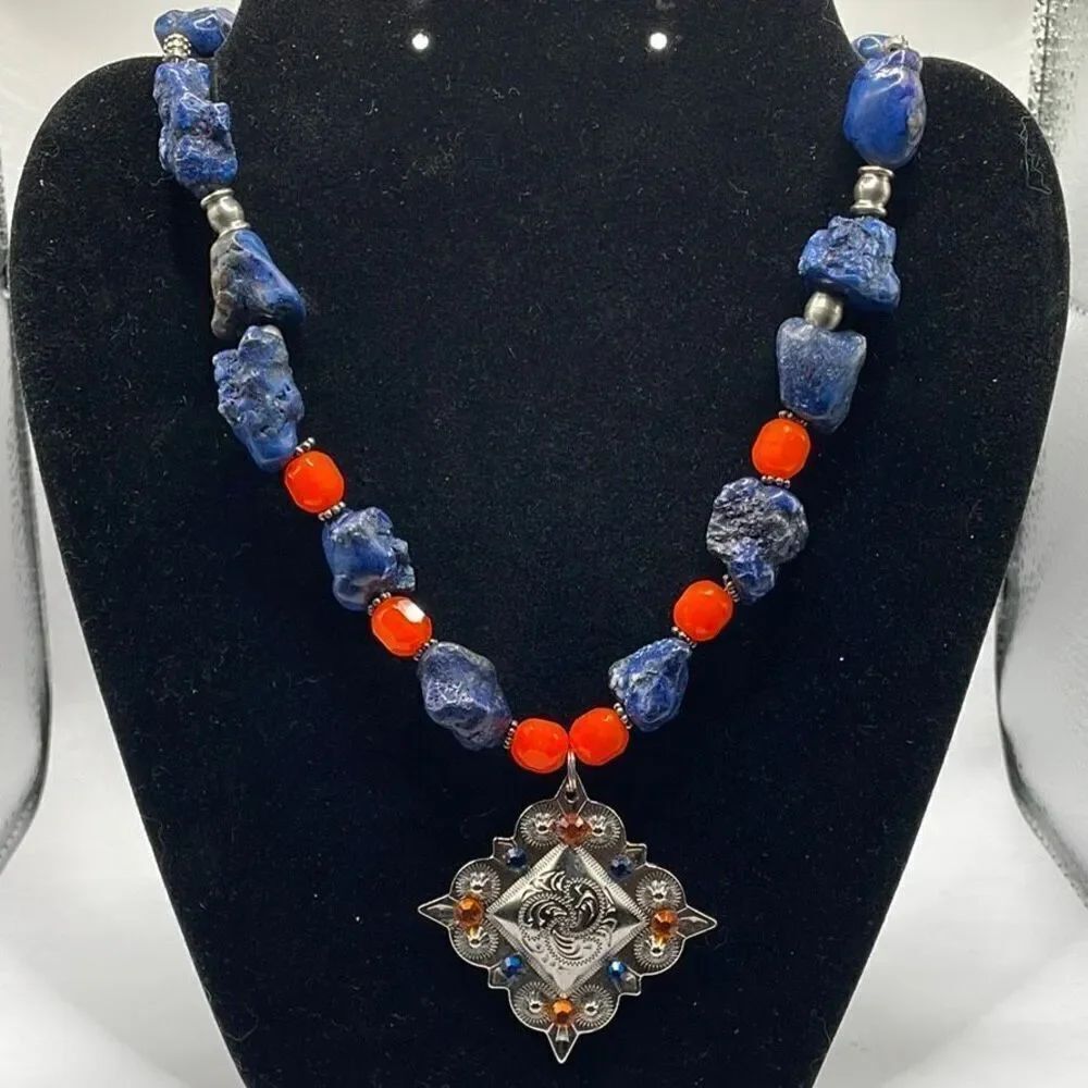 Blue Sodalite Orange Glass Beaded Necklace Silvertone Metal Rhinestone Medalion